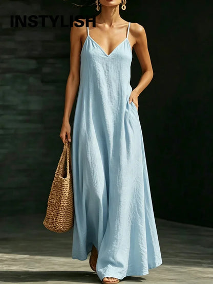 Women’s Casual V-Neck Spaghetti Strap Maxi Dress – Loose Swing Summer Beach Sundress