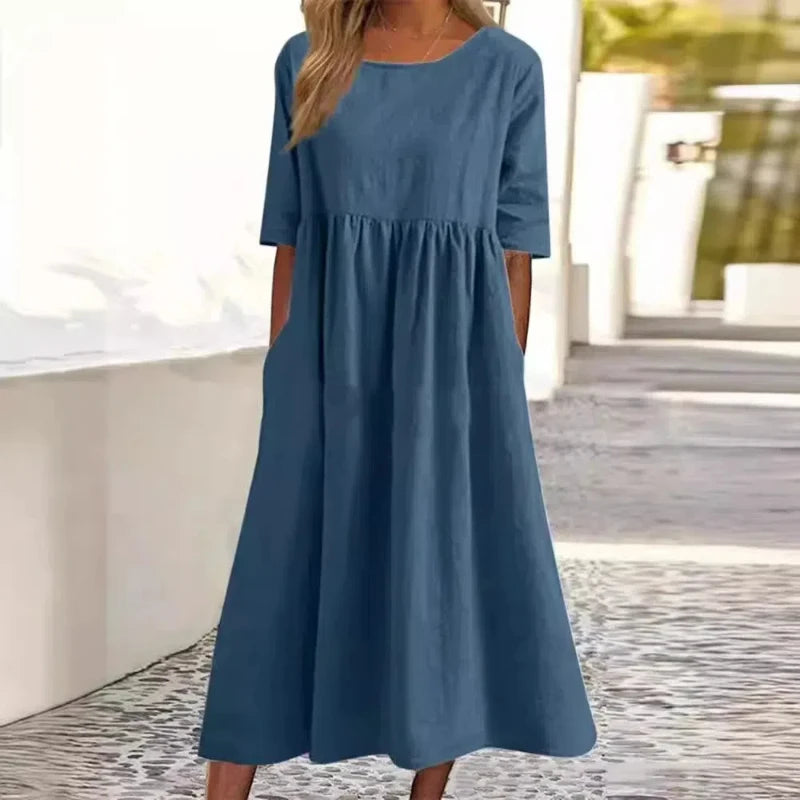 Women's Casual Linen Blend Loose Fit Midi Dress with Pockets