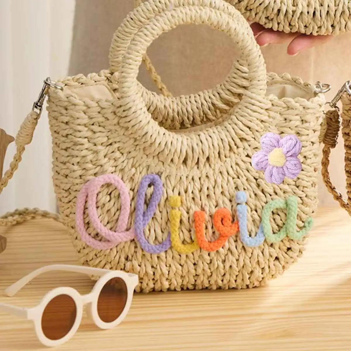 Personalized Hand-Woven Straw Tote Bag – Custom Embroidered Beach & Vacation Crossbody Bag