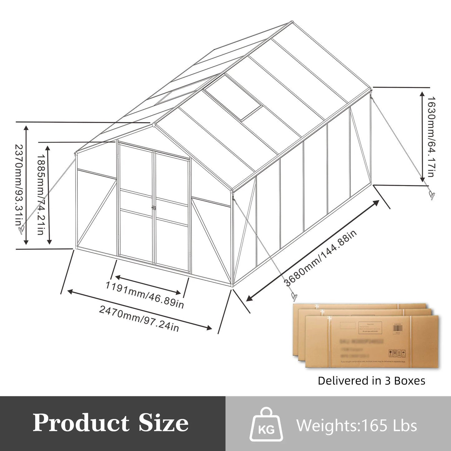 SUSUA 8x12FT Polycarbonate Raised Base and Anchor Aluminum Heavy Duty Greenhouse