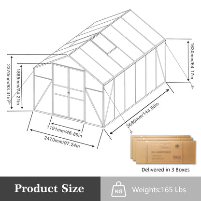 SUSUA 8x12FT Polycarbonate Raised Base and Anchor Aluminum Heavy Duty Greenhouse