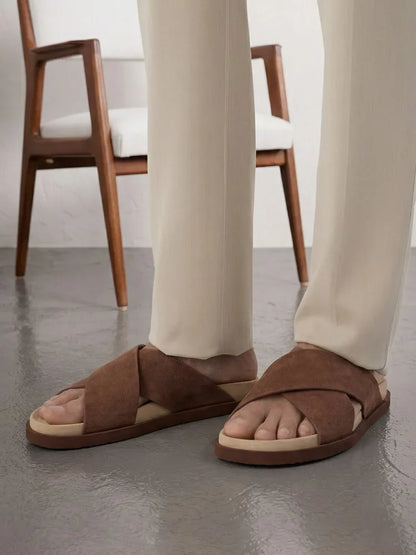Men's Genuine Suede Leather Cross-Strap Platform Slippers