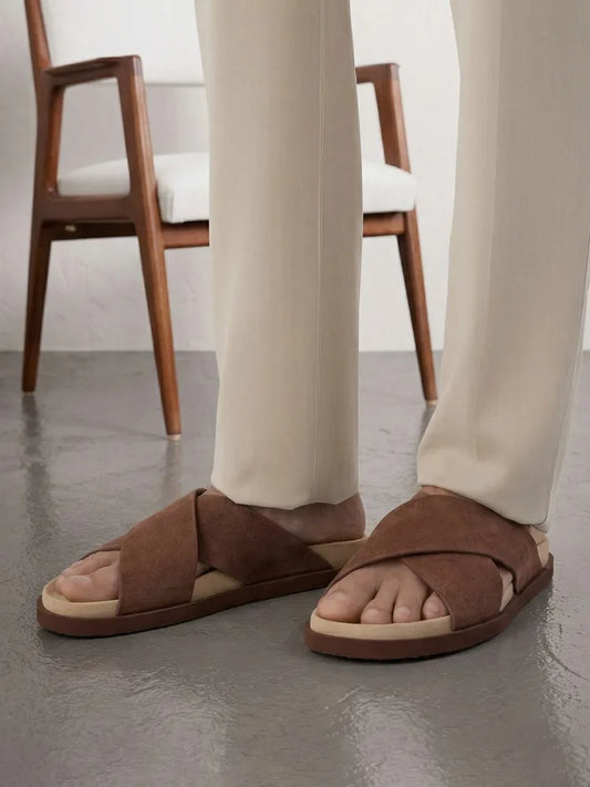 Men's Genuine Suede Leather Cross-Strap Platform Slippers