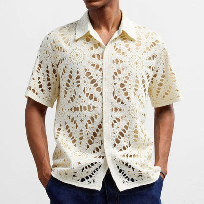 Men's Mesh Crochet Open Front Polo Shirt