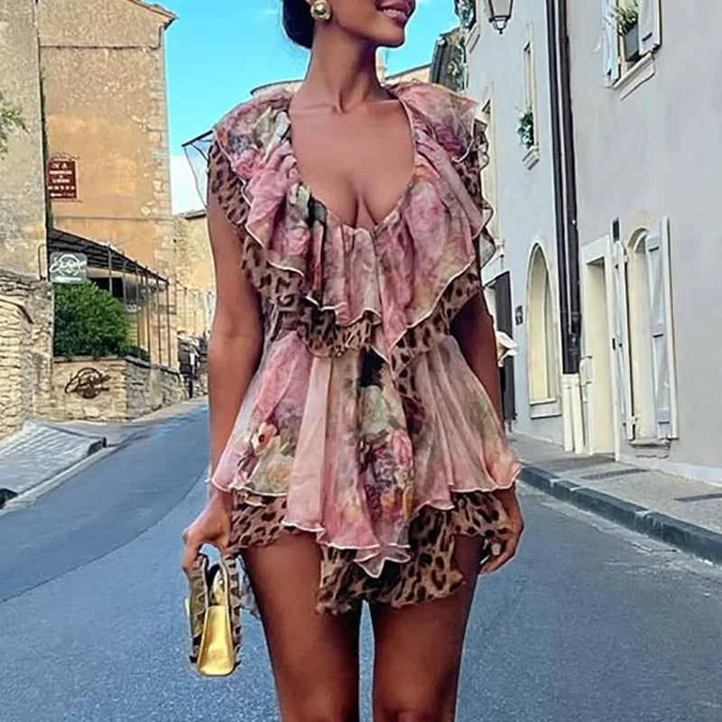 Sleeveless Pleat Ruffled Printed Mini Dress