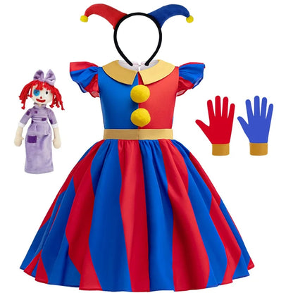 Girls' Digital Circus Pomni Cosplay Costume Set - Red & Blue Clown Dress Outfit for Kids