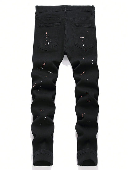Men’s Ripped Patchwork Slim Fit Stretchy Jeans