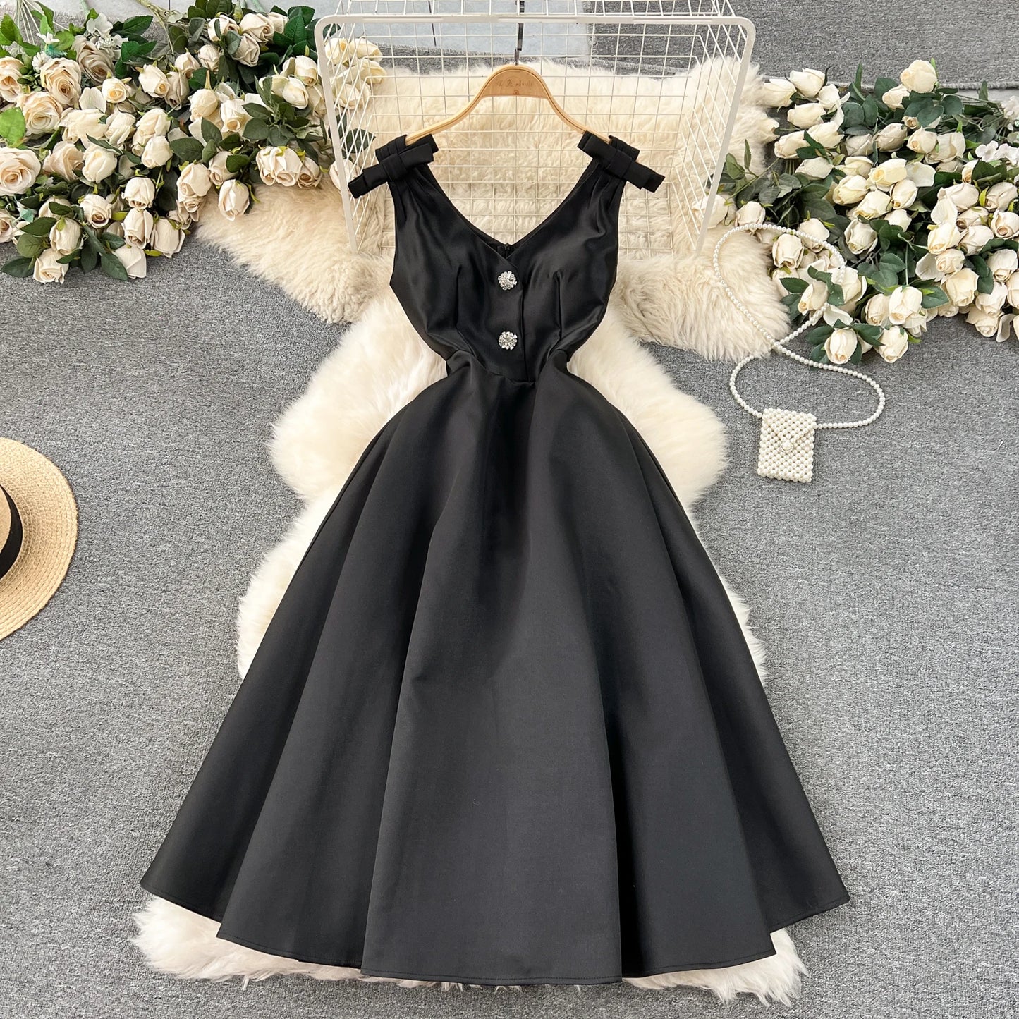 Elegance Rhinestone V-Neck High-Waist Party Dress