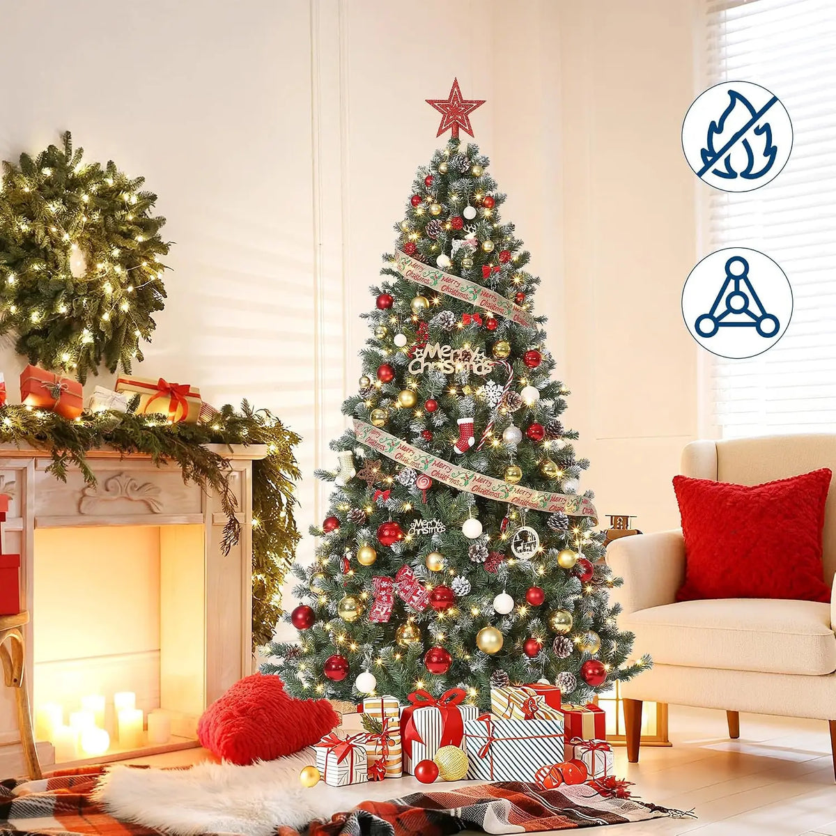 Pre-Lit Snow-Flocked Artificial Christmas Tree – Slim Holiday Tree with Pine Cones (4.5FT - 7.5FT)