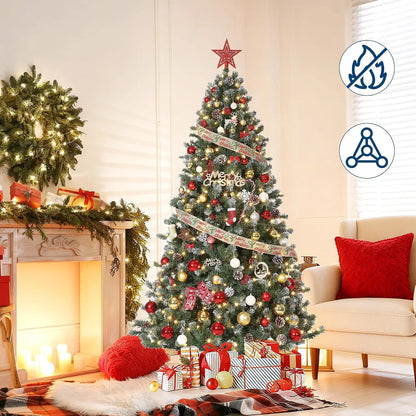 Pre-Lit Snow-Flocked Artificial Christmas Tree – Slim Holiday Tree with Pine Cones (4.5FT - 7.5FT)