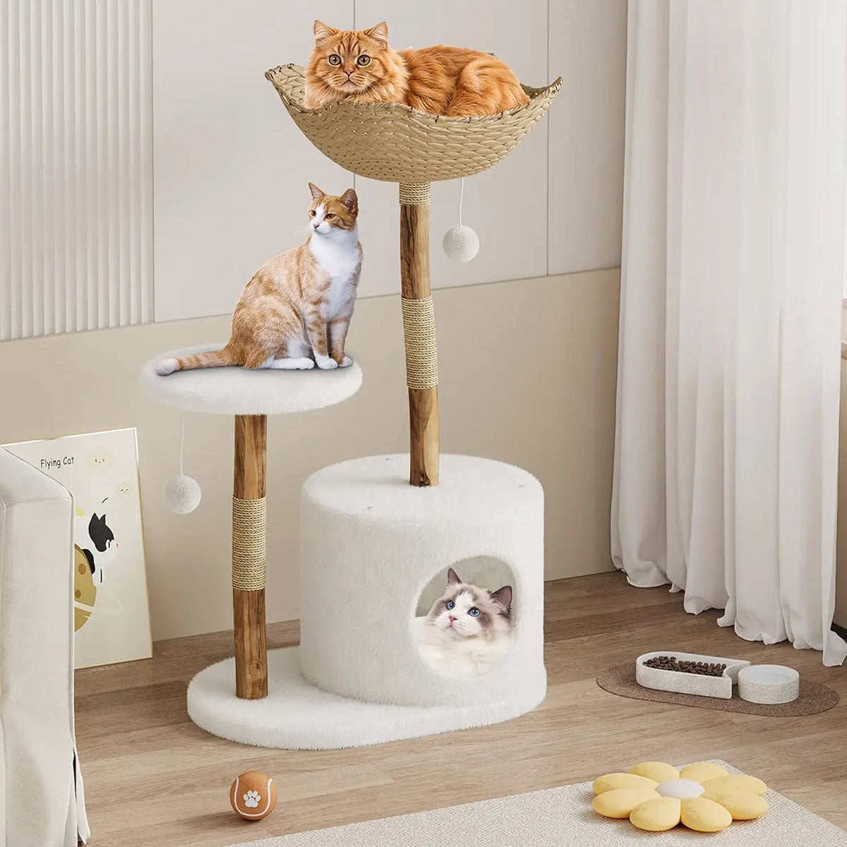 Tacleekii Natural Wood Cat Tree Tower with Wicker Basket Perch & Sisal Scratching Posts