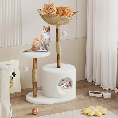 Tacleekii Natural Wood Cat Tree Tower with Wicker Basket Perch & Sisal Scratching Posts