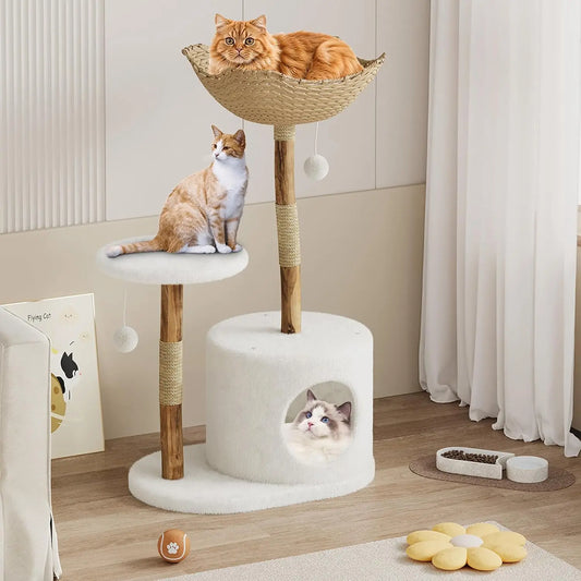 Tacleekii Natural Wood Cat Tree Tower with Wicker Basket Perch & Sisal Scratching Posts