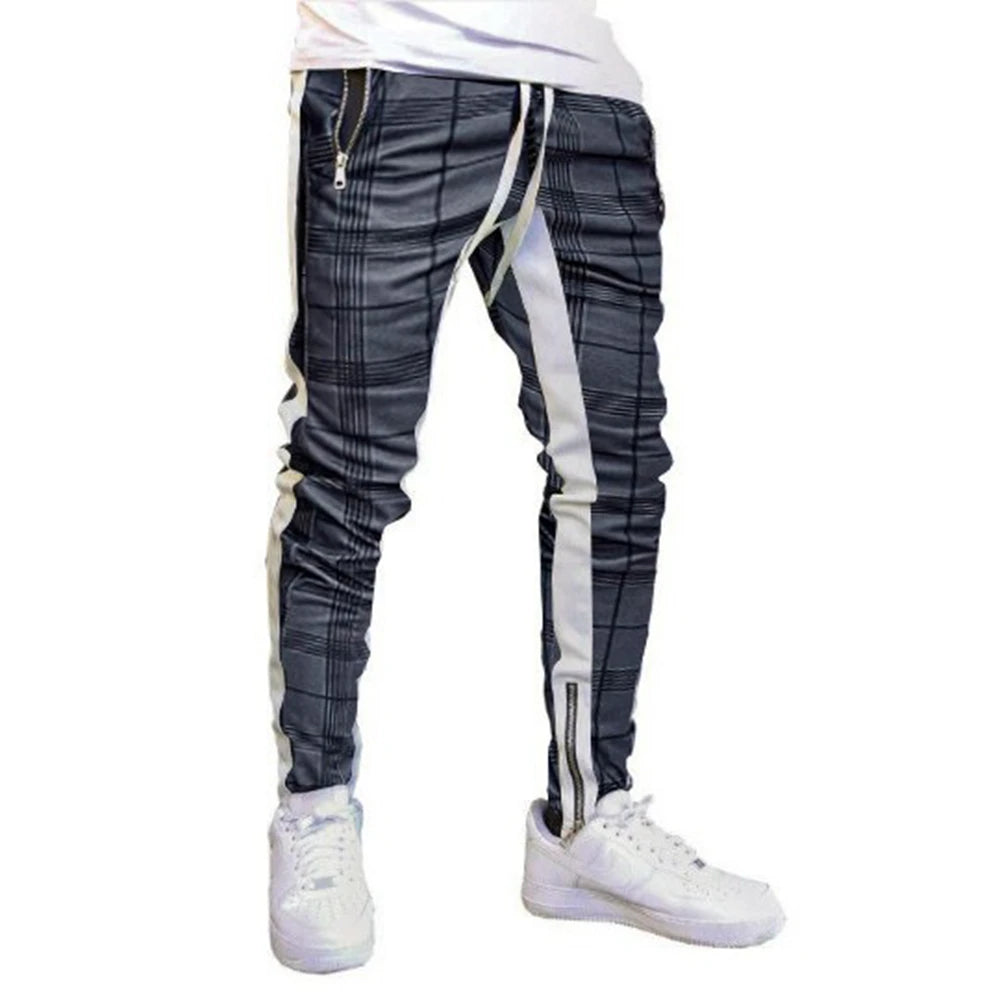 Men's Athletic Plaid Track Sweatpants - Breathable Gym Joggers with Zipper Pockets