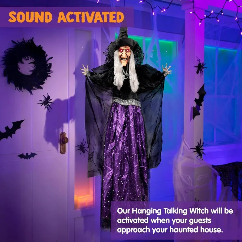 47" Animated Hanging Witch Halloween Prop with Sound Activation & LED Eyes