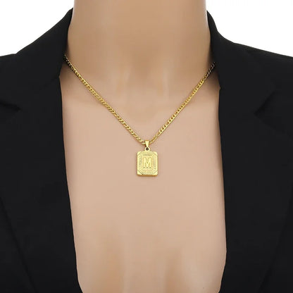 Stainless Steel Initial Pendant Necklace – Minimalist Square Letter Charm Jewelry for Women & Men