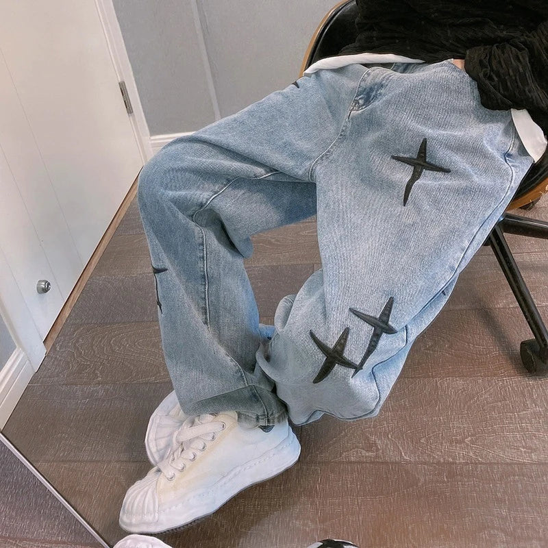 Men's Wide-Leg Loose Fit Jeans - High Street Straight Casual Denim Trousers