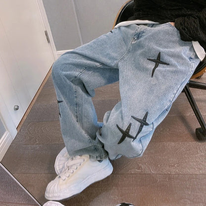 Men's Wide-Leg Loose Fit Jeans - High Street Straight Casual Denim Trousers