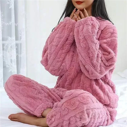Soft Coral Velvet Jacquard Warm Pajama Set for Women