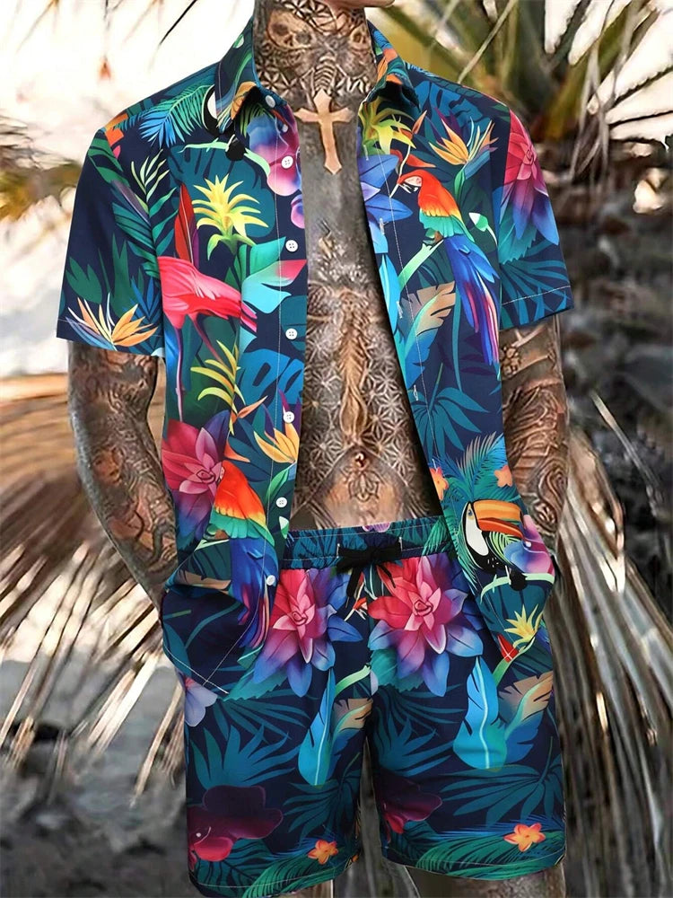 Hawaiian Print Short-Sleeved Shirt & Shorts Set