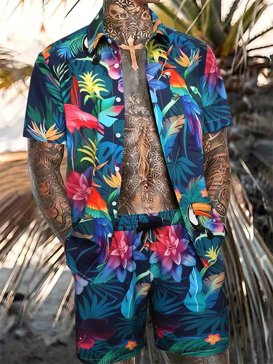 Hawaiian Print Short-Sleeved Shirt & Shorts Set
