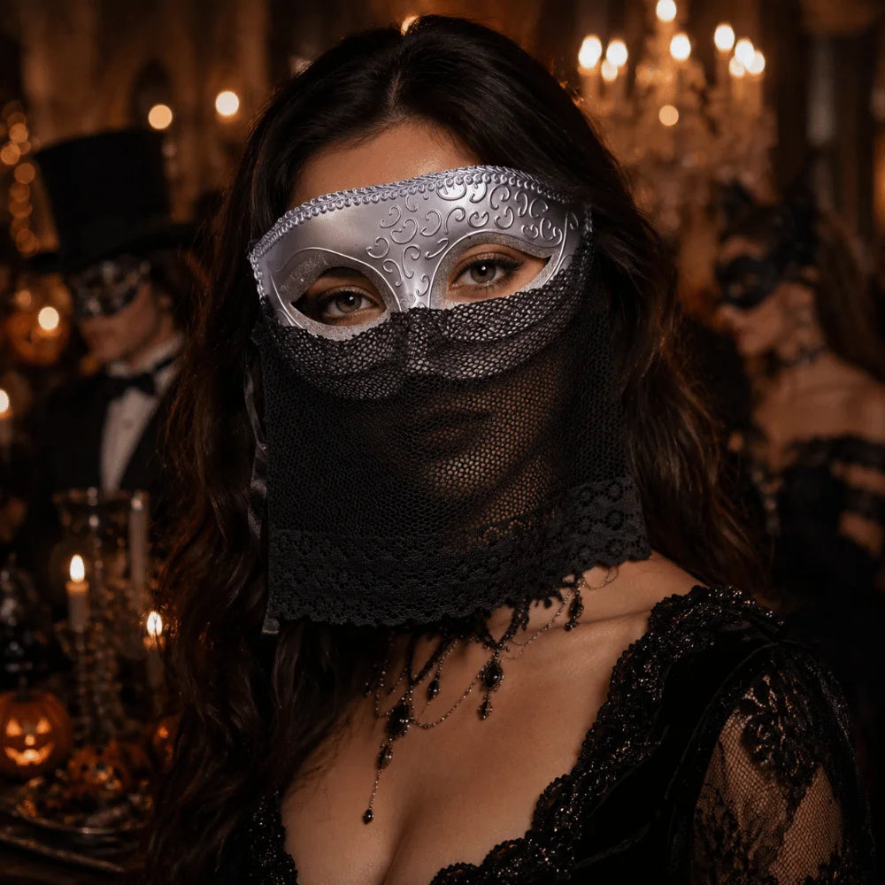 Retro Venetian Half-Face Mask with Veil for Masquerade & Costumes