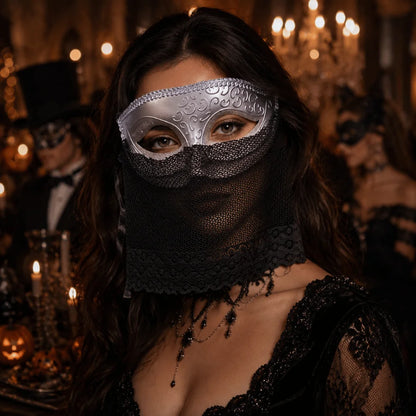 Retro Venetian Half-Face Mask with Veil for Masquerade & Costumes