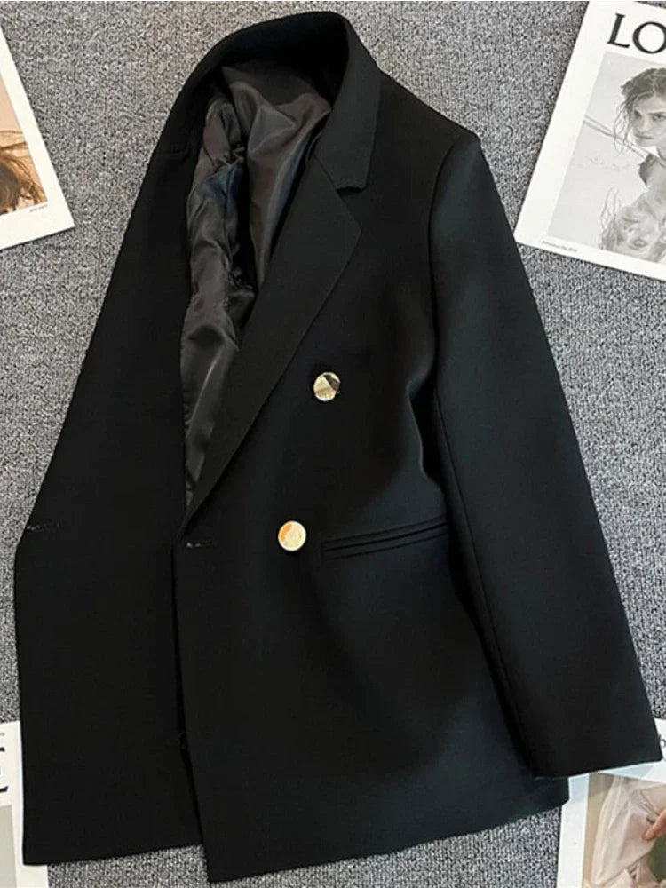 Women's Elegant Double-Breasted Blazer Jacket - Spring Autumn Slim Fit Korean Style Outerwear
