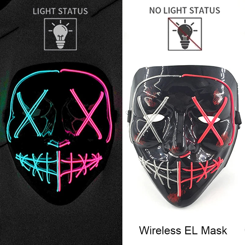 LED Light-Up Neon Wire Purge Mask – 3-Mode Halloween Horror Cosplay Mask for Adults