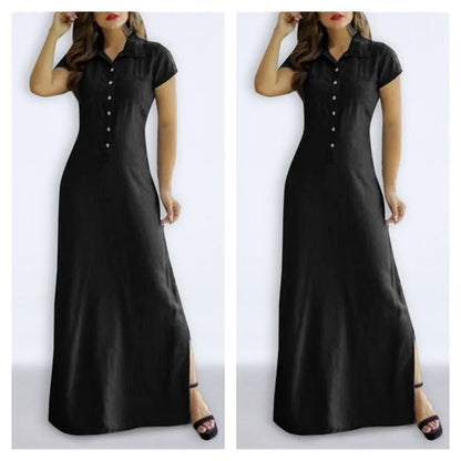 Cross Border Long Dress Shirt Collar Split Pocket Large Swing Dress