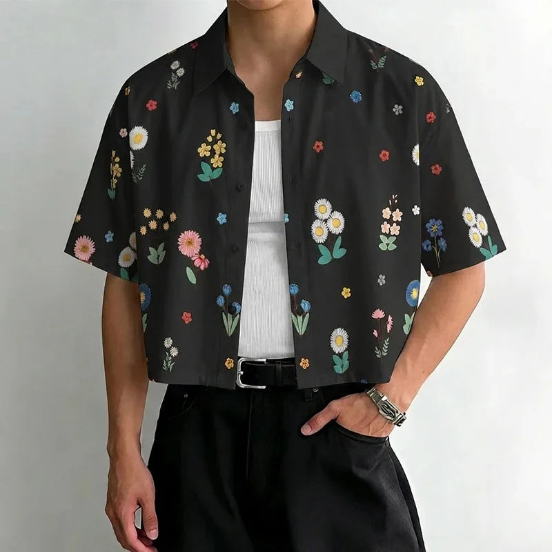 Men’s Cropped Floral Print Button-Down Shirt – Summer Vintage Casual Short Sleeve