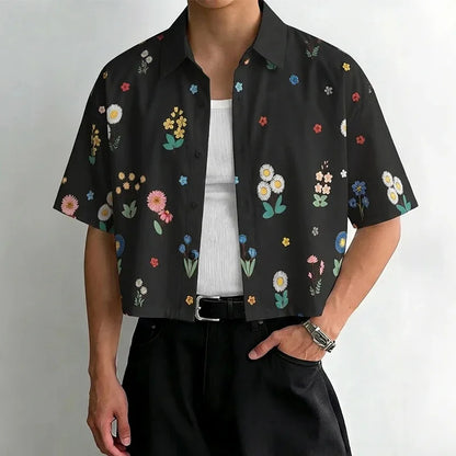 Men’s Cropped Floral Print Button-Down Shirt – Summer Vintage Casual Short Sleeve