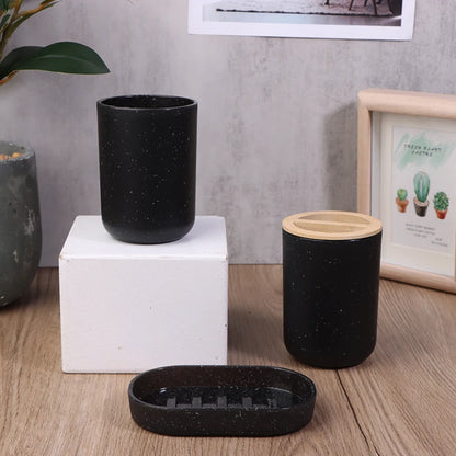 Black Bathroom Toothbrush Holder With Bamboo Cover Lotion Dispenser Soap Box