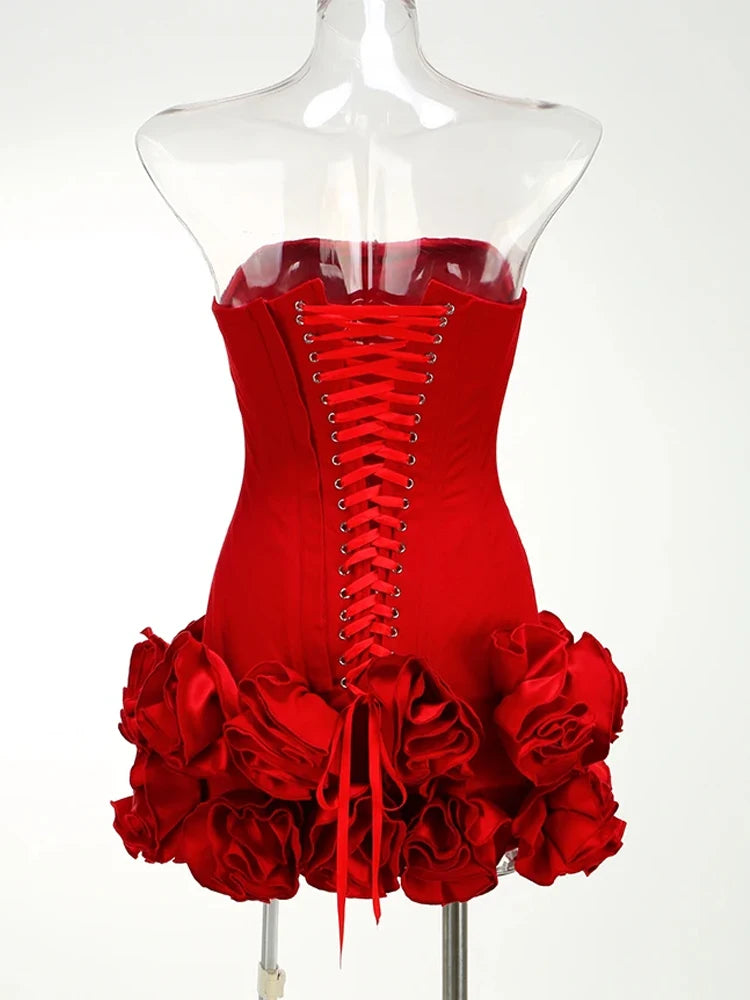 Strapless Backless Red Structured Floral Embellished Mini Length Cocktail Dress