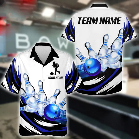 Men's Custom Name Blue Flame Bowling Polo Shirt
