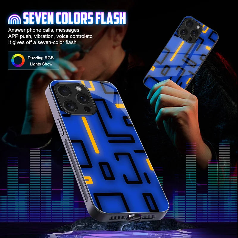 Luminous Animated LED Call Light Phone Case for iPhone 17, 16, 15, 14, 13, 12, 11 Pro Max – Tempered Glass Back Cover