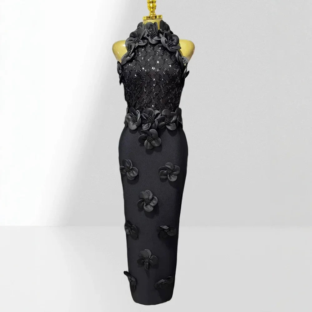 Glamorous Sequined 3D Flower Halter Bodycon Evening Gown
