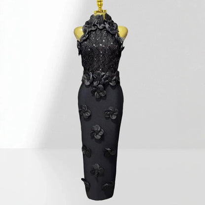 Glamorous Sequined 3D Flower Halter Bodycon Evening Gown