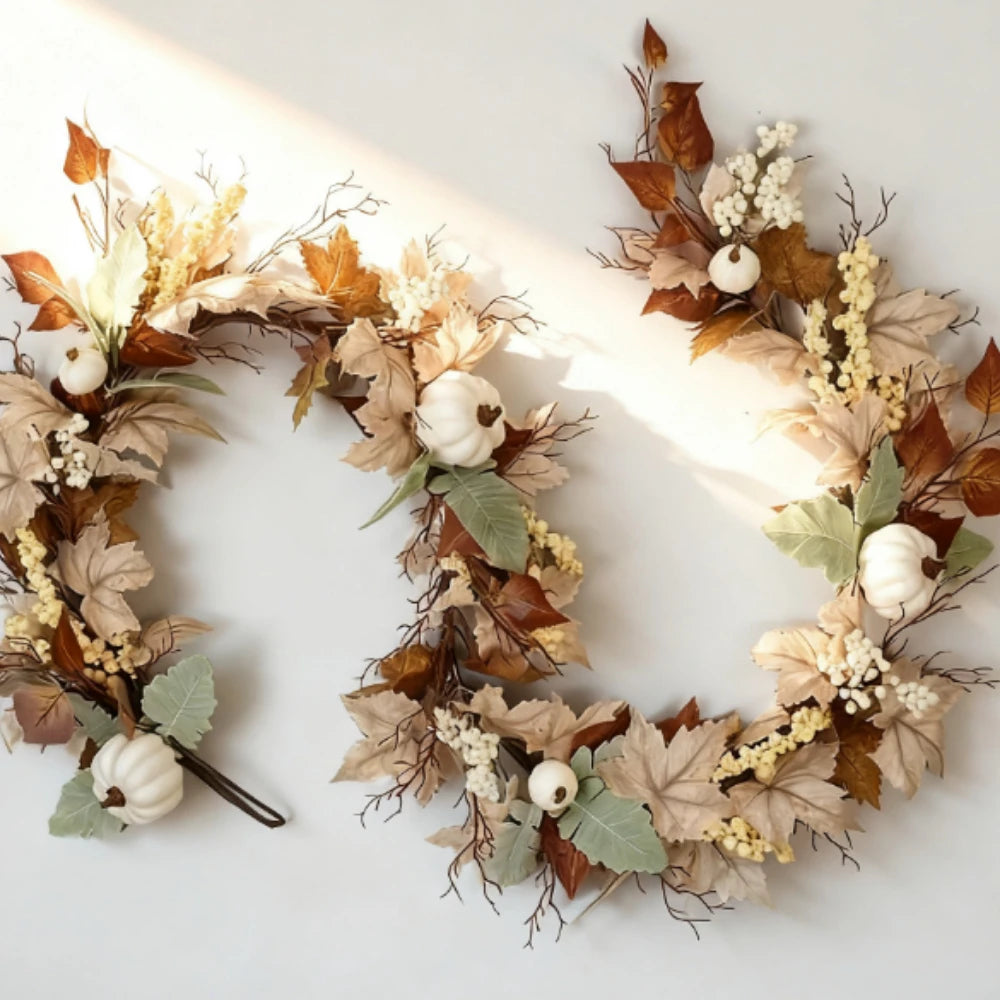 Autumn Maple Leaf & Pumpkin Vine Garland Wreath