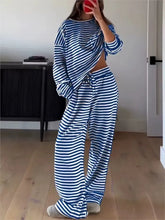 Striped Printed Oversized Long-sleeved Top High-waist Trouser Set
