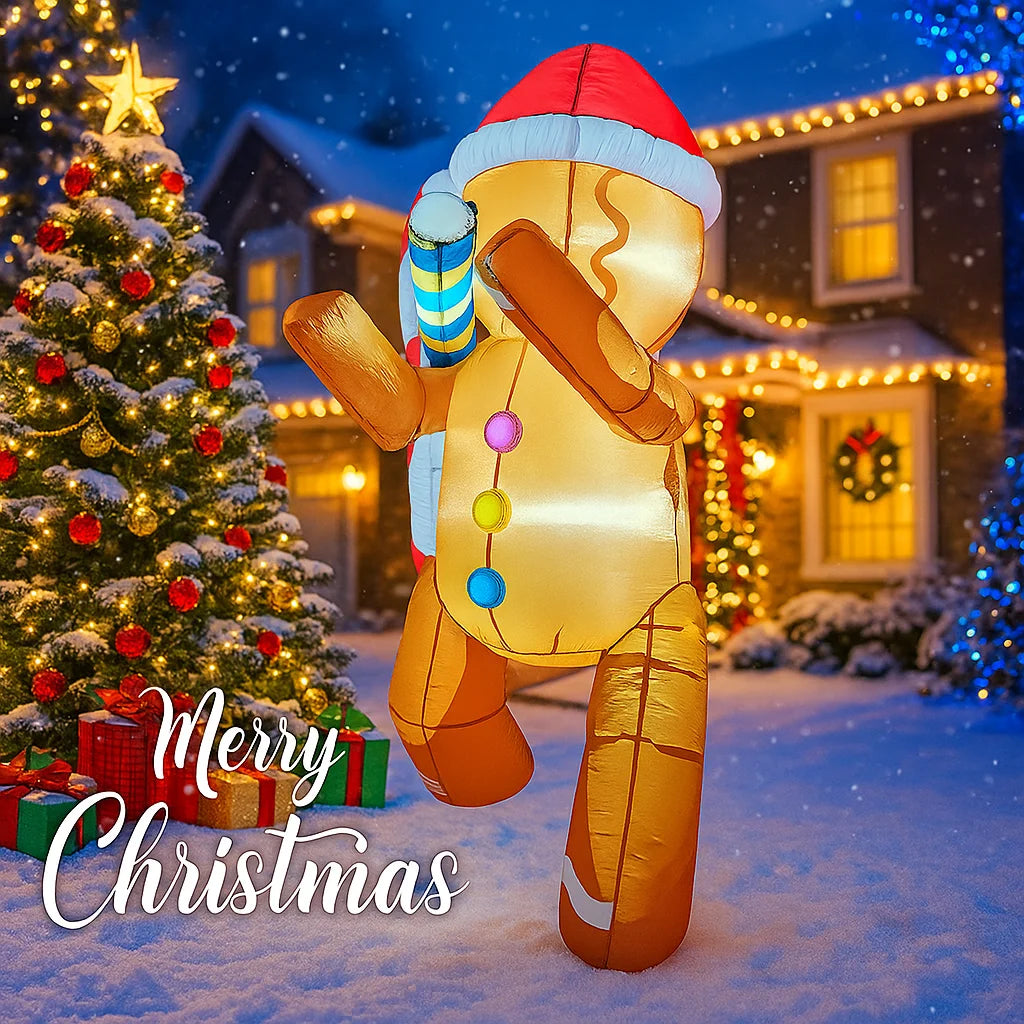 4.9FT Lighted Inflatable Gingerbread Man with Giant Candy
