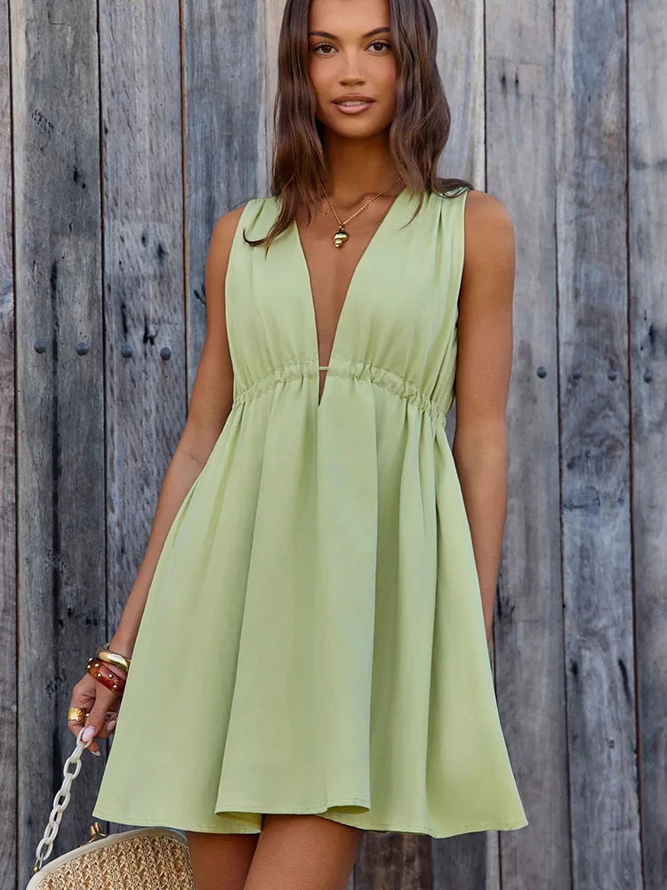 Women's Casual V-Neck Pleated Tank Mini Dress
