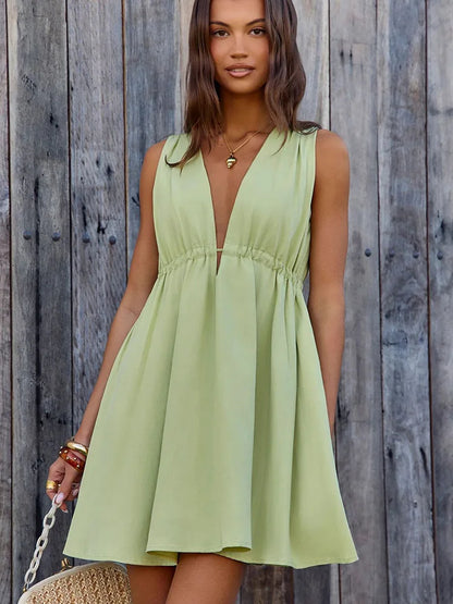 Women's Casual V-Neck Pleated Tank Mini Dress