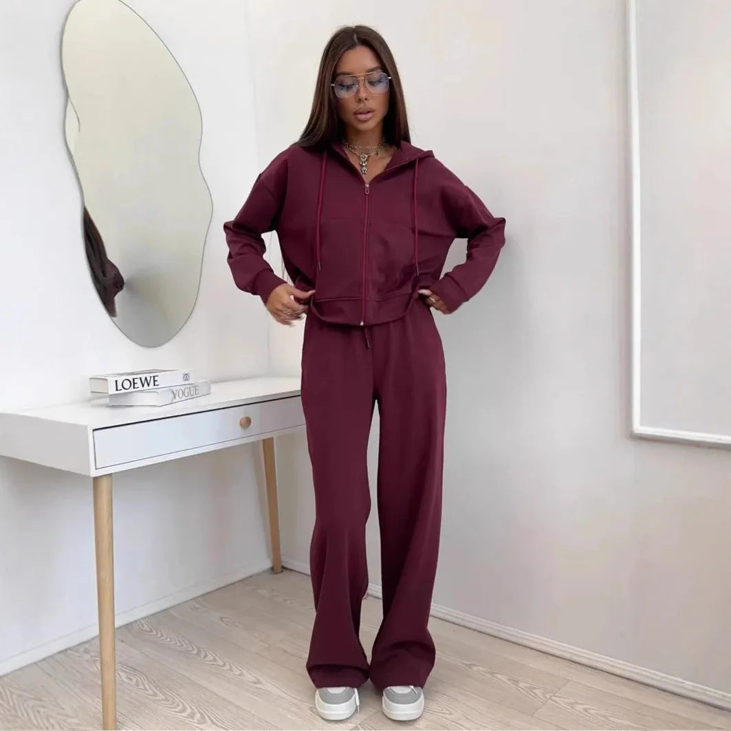 Women's Hooded Zipper Sweatshirt & Wide-Leg Pants Set