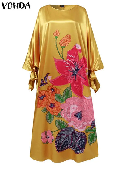 Women’s Long Sleeve Satin Maxi Dress – Vintage Floral Print Boho Sundress