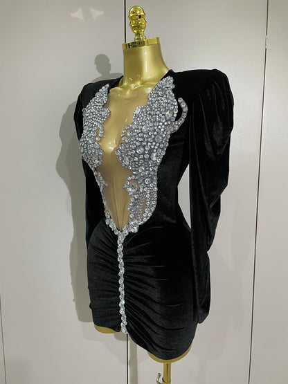 Sparkly Mesh Black Velvet Short Dress