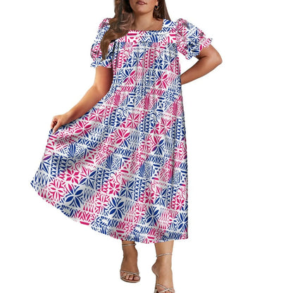 Women's Short-Sleeve Puff Sleeve Square Neck Midi Dress