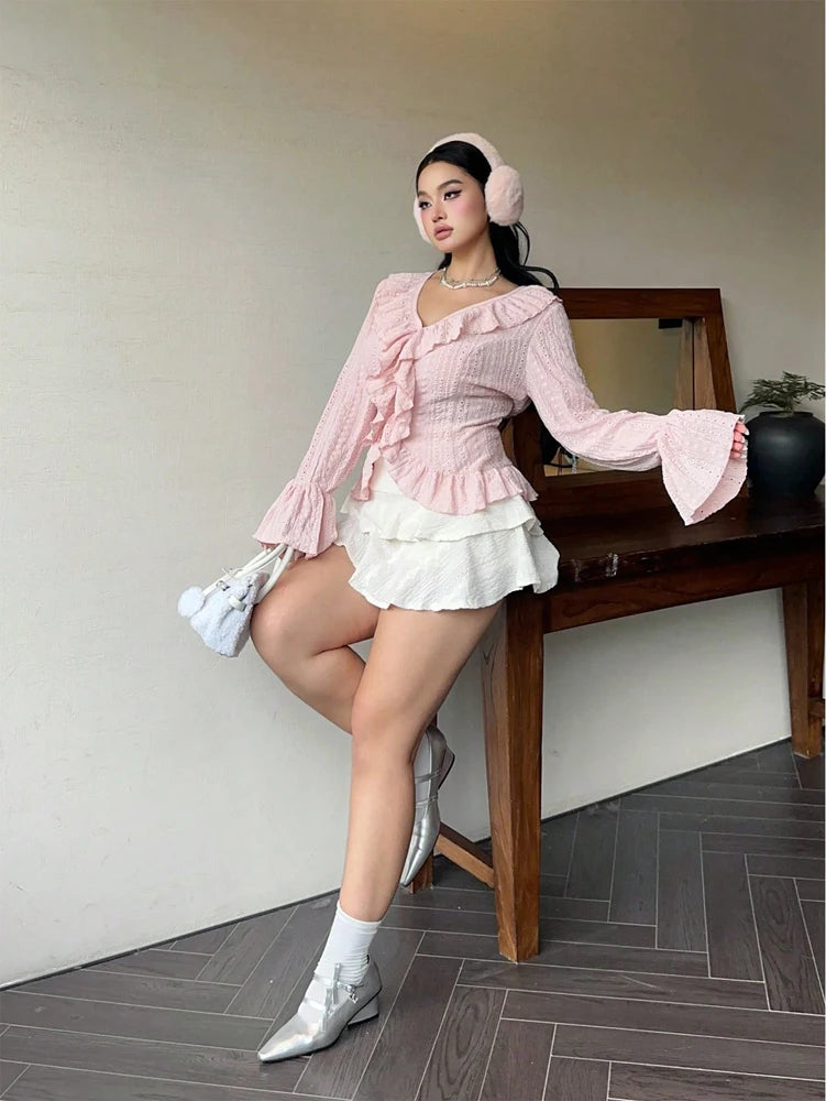 Plus Size Women's Elegant French Ruffle V-Neck Blouse, Pink Flared Sleeve Tops