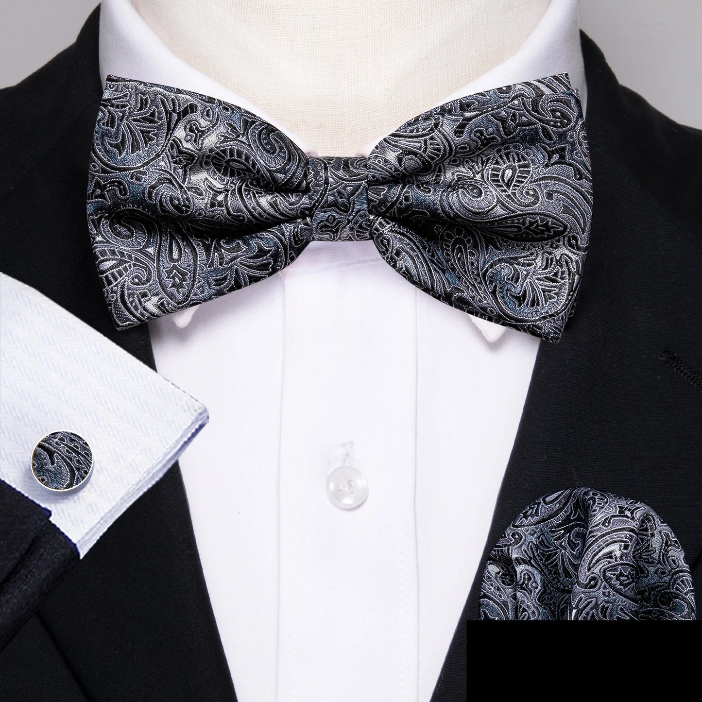 Barry.Wang Silk Bow Tie Hanky Cuffs Set