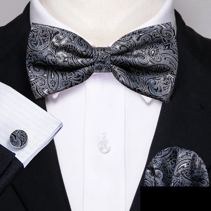 Barry.Wang Silk Bow Tie Hanky Cuffs Set